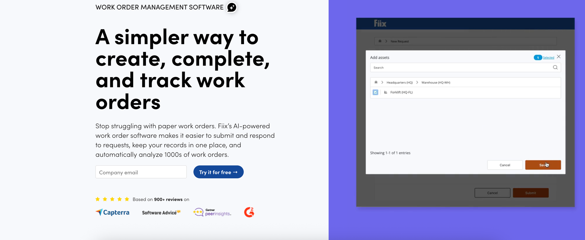 Fiix work order software dashboard with asset tracking and task creation