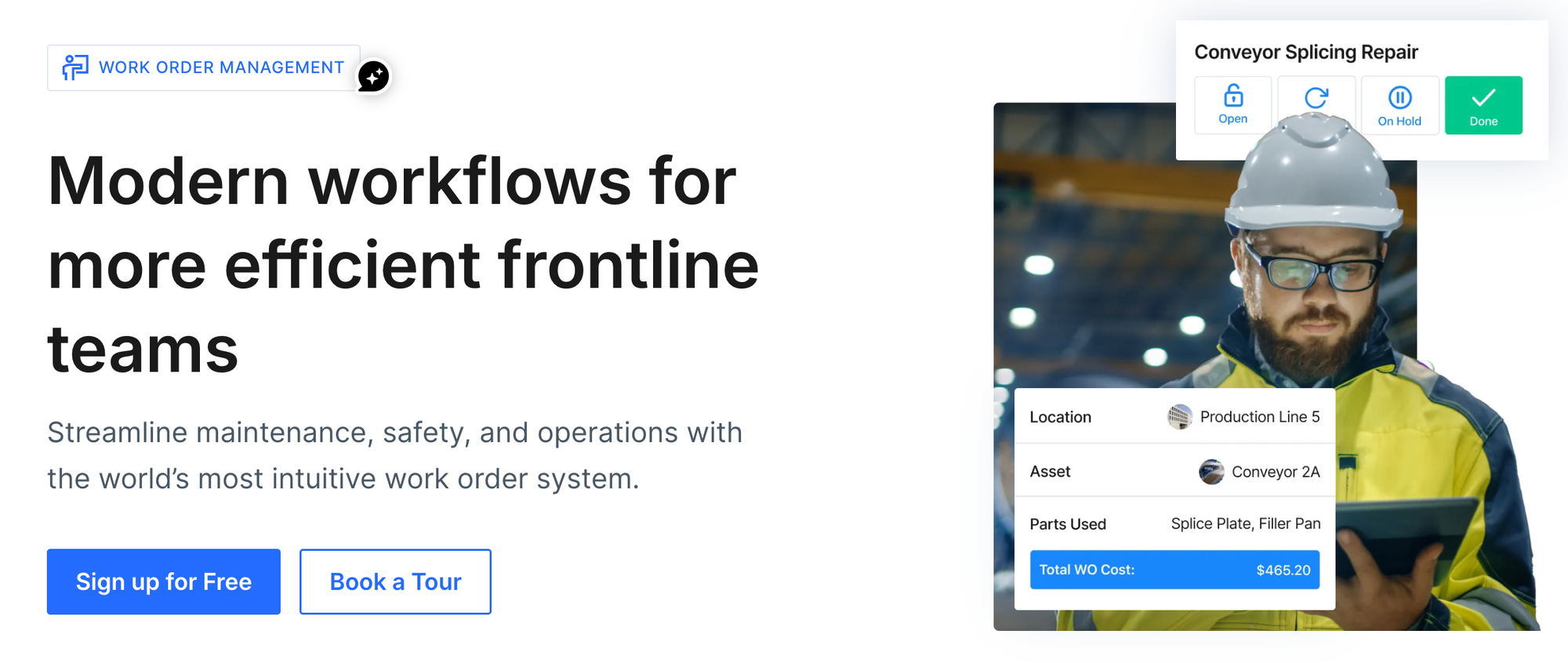 Work order software showing technician updating tasks on tablet device