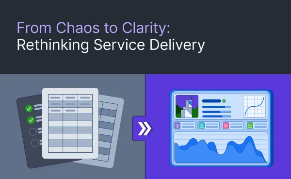 Illustration comparing disorganized spreadsheets to a modern, unified FM dashboard representing CMMS adoption
