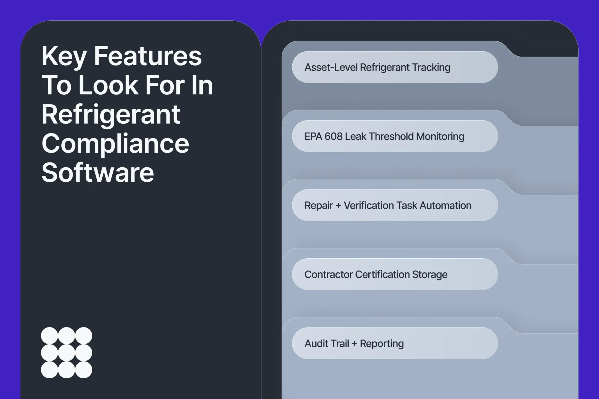 Checklist of refrigerant compliance software features for EPA 608 readiness