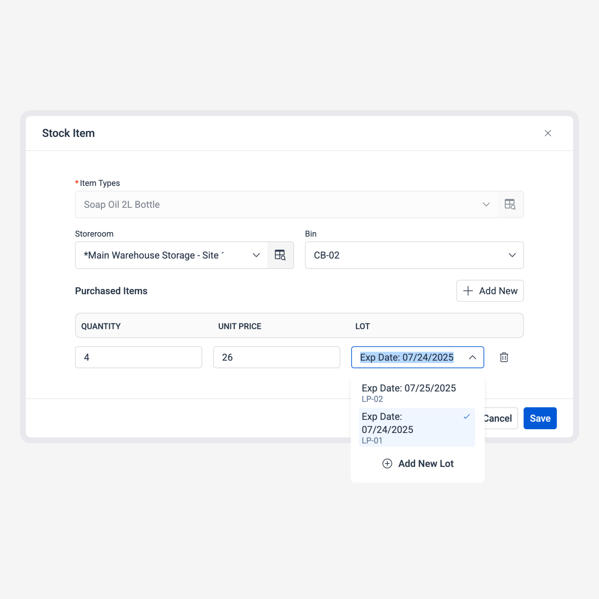 Bulk issuance interface for spare parts, showing item, bin, lot, and options to issue or return items in the inventory system.