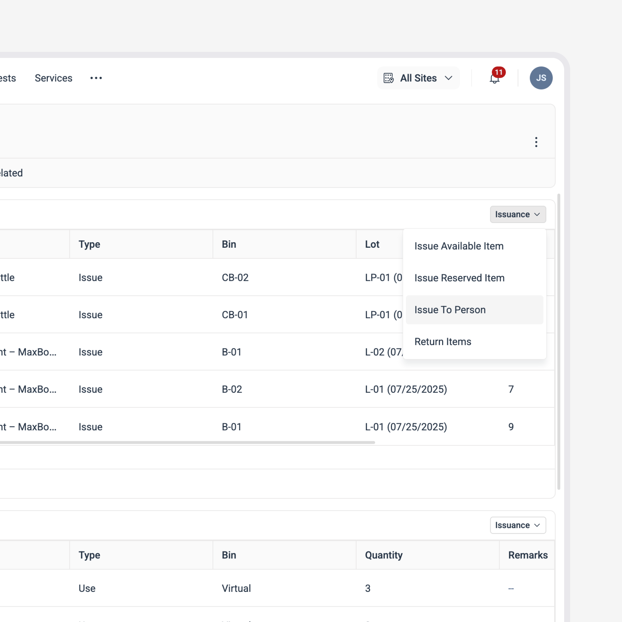 Inventory dashboard with insights, reorder alerts, and top used maintenance items in Facilio software.