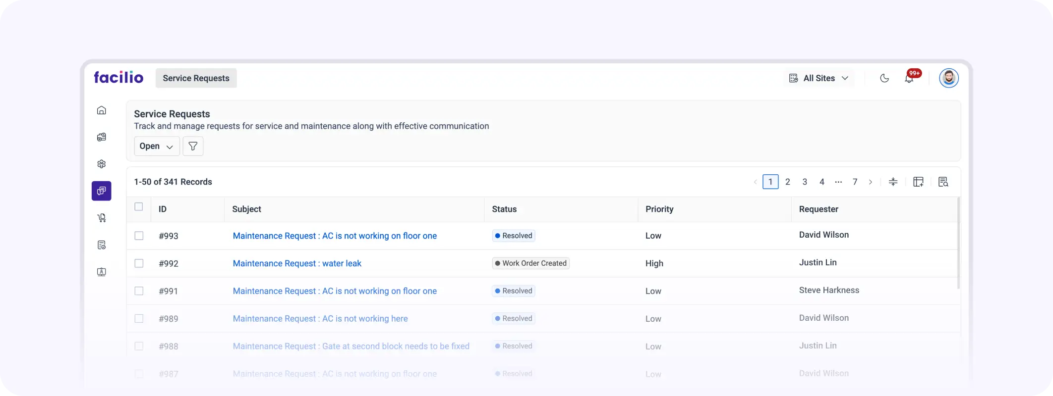 Facilio's vendor management for facilities management software dashboard for streamlined multi-site operations and performance tracking