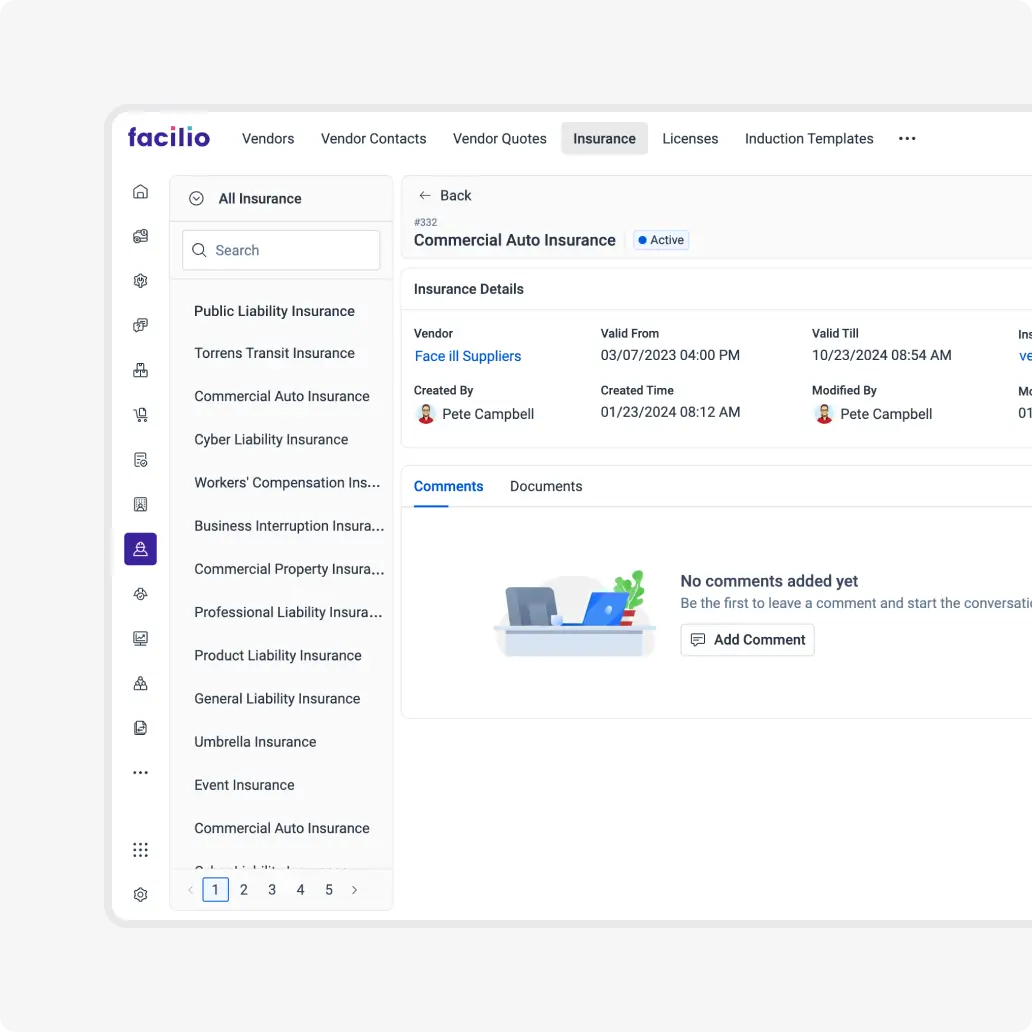 Facilio's vendor insurance tracking module with automated compliance updates and document management