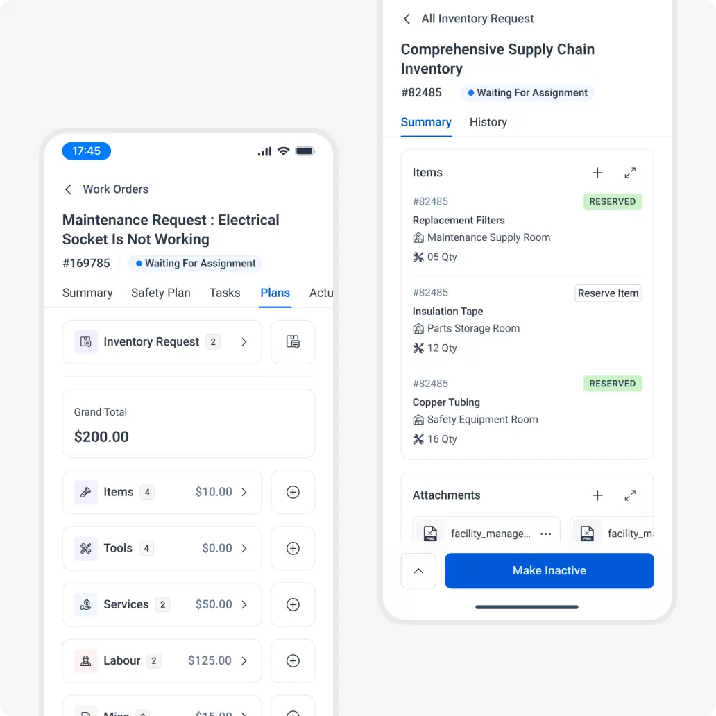 Inventory management dashboard showing storeroom inventory levels and available spare parts in Facilio software.
