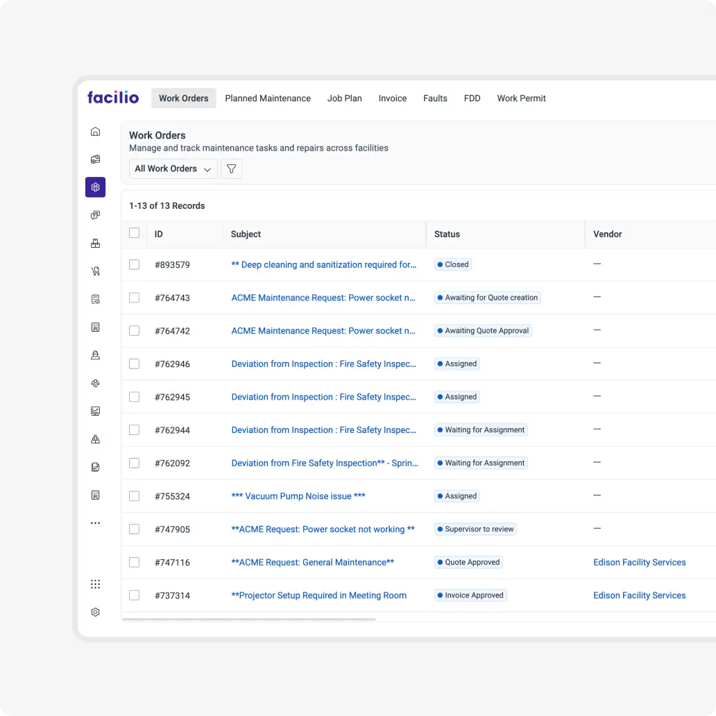Work order management software dashboard showing tasks, vendors, and SLAs.