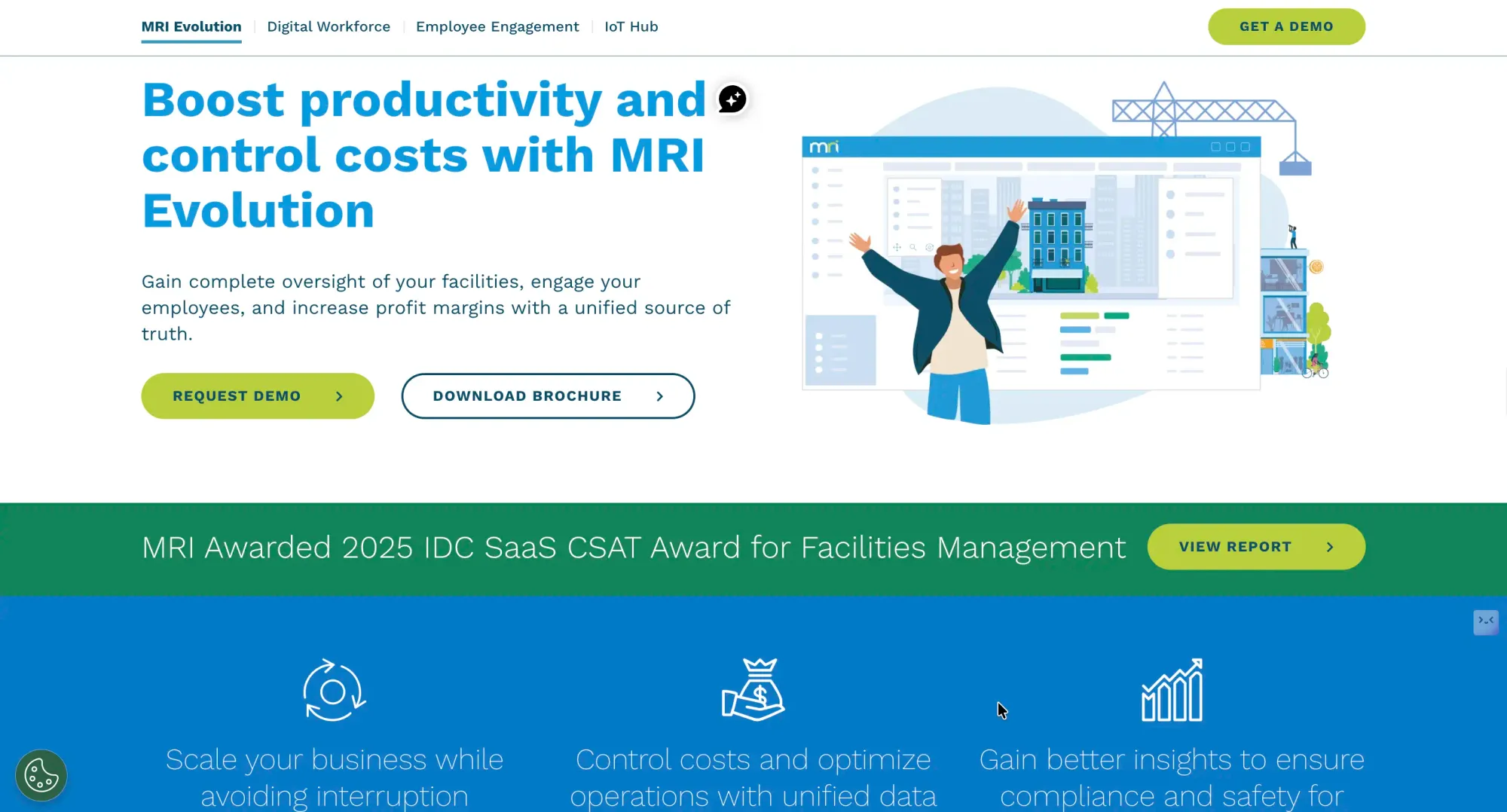 MRI Evolution CMMS hero showing productivity and cost-control messaging
