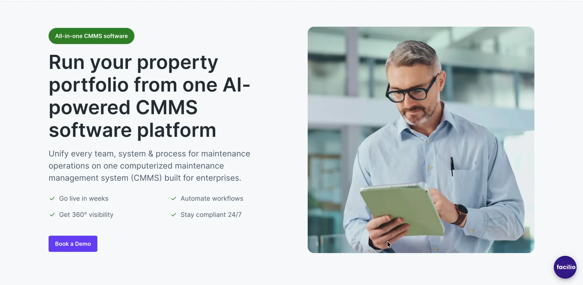 Best CMMS Software in Britain - Facilio CMMS hero introducing AI-powered maintenance management for enterprises