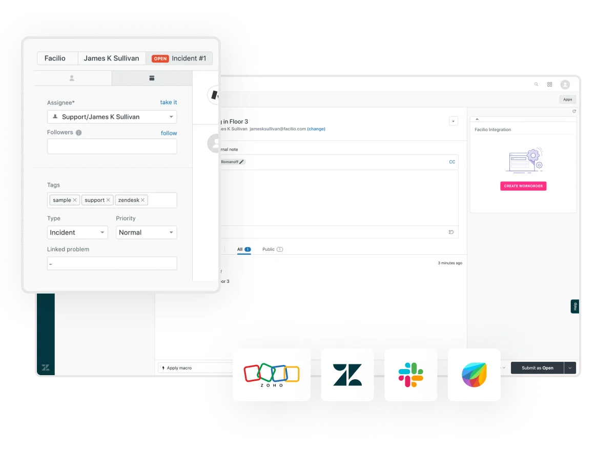 Integrate Facilio with apps like Slack, Zendesk, Freshwork and Zoho to enhance collaboration and visibilty