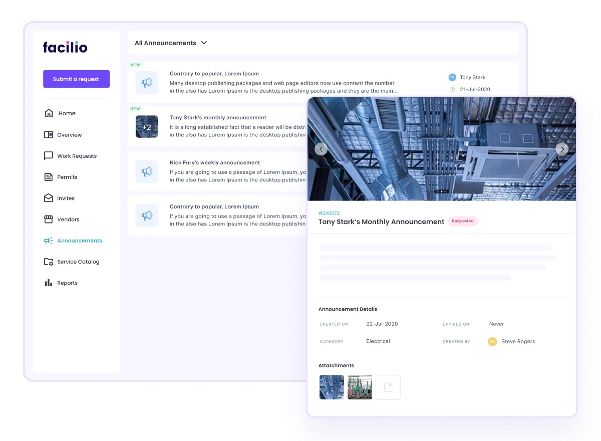 Broadcast any news, service schedules, or disruptions via mobile or web portal and keep tenants in the know