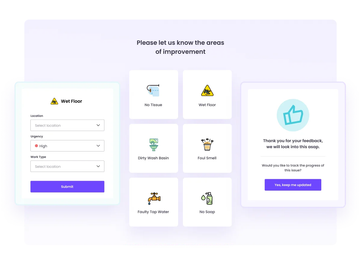 Give tenants an easy way to submit their feedback on overall experience or even issues like wet floor in a certain location that needs cleaning on high priority