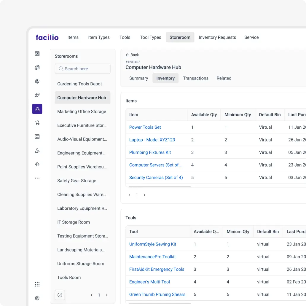Two warehouse employees manage spare parts inventory using a tablet, with a process flow showing steps: request part, approve, issue, track usage, reorder, audit.