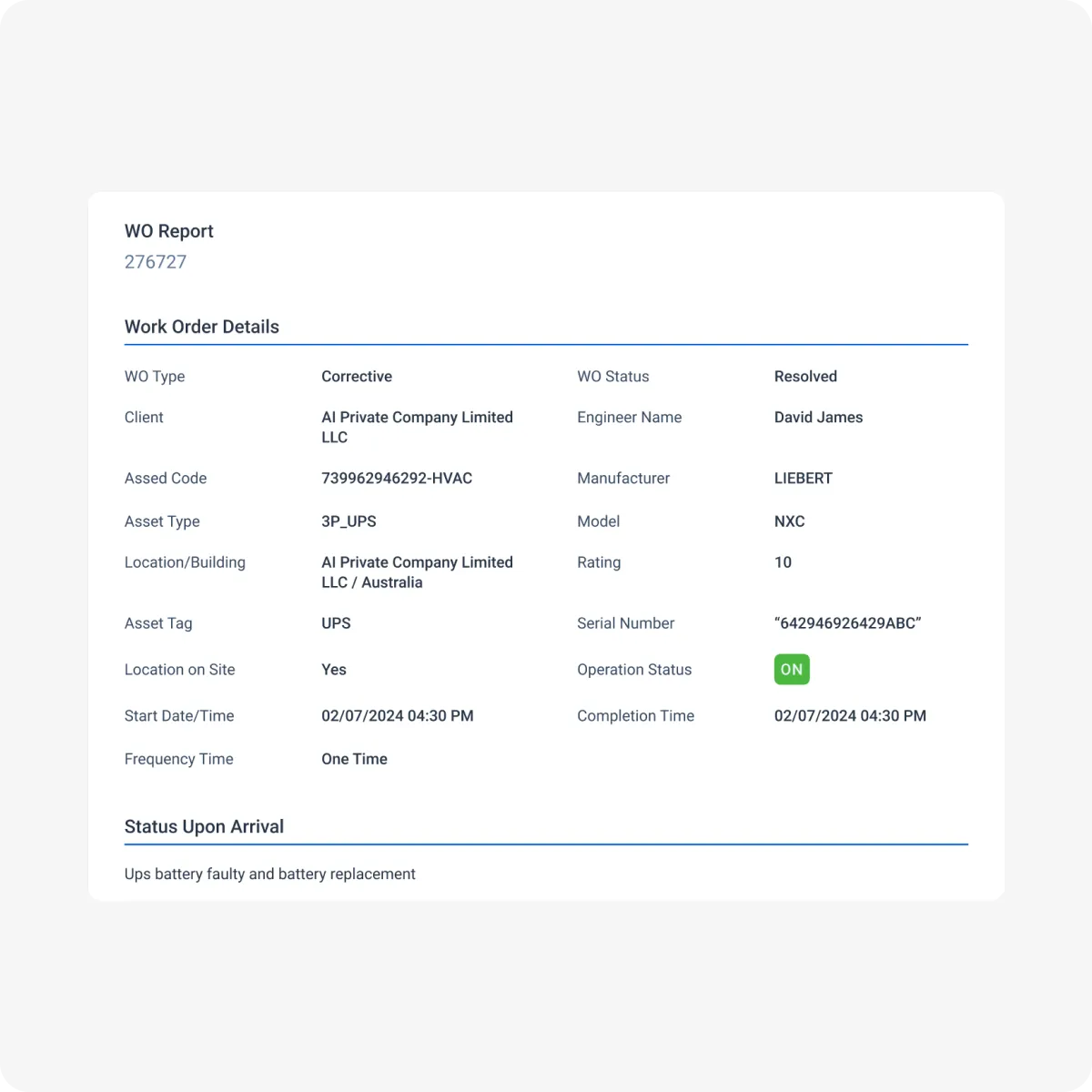 Work order management software showing maintenance request details and status.