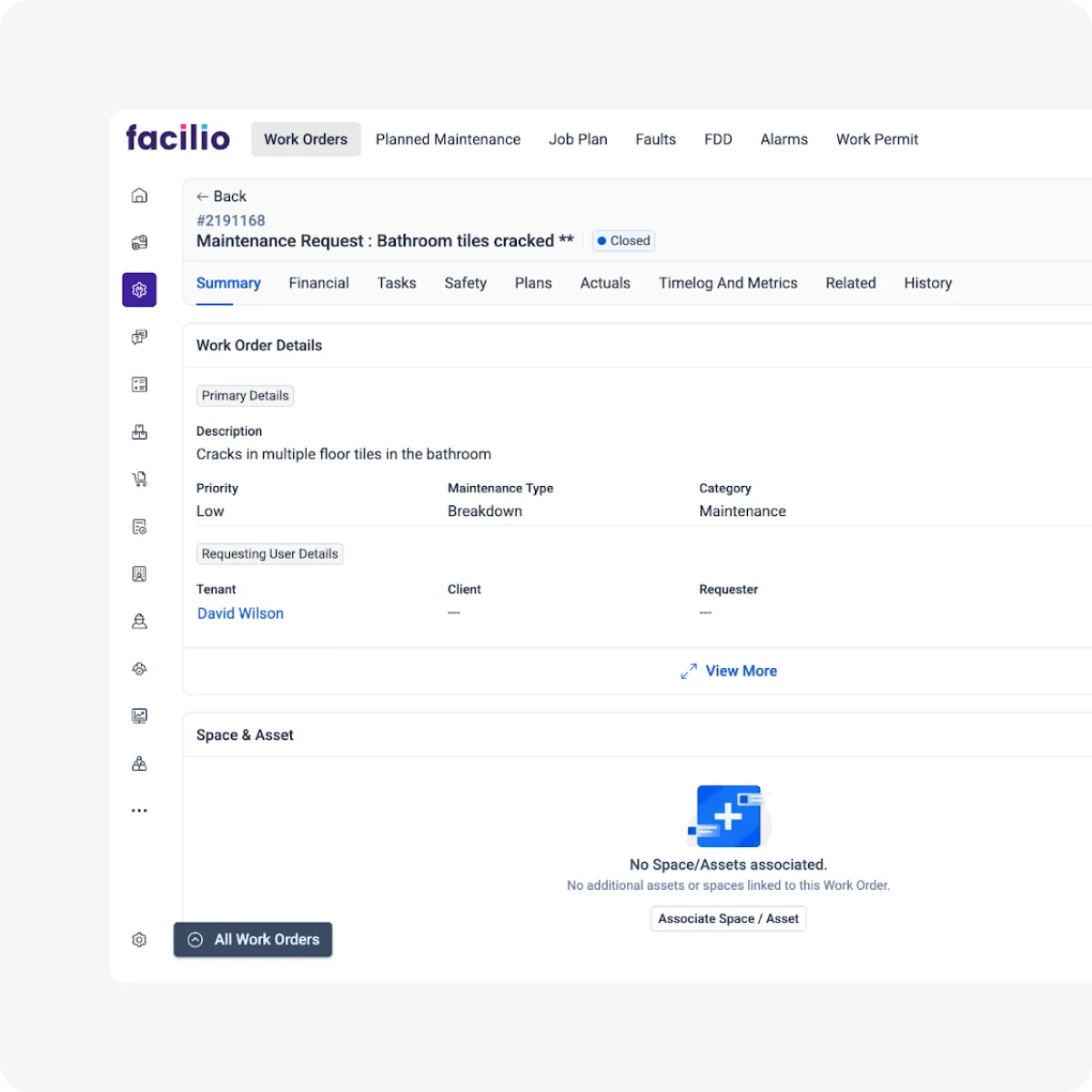 Work order tracking software generating a PDF report with asset and job details.