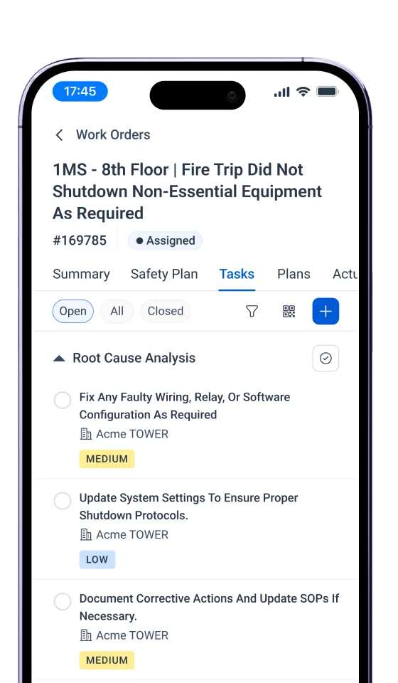Work order task screen with root cause analysis and corrective actions